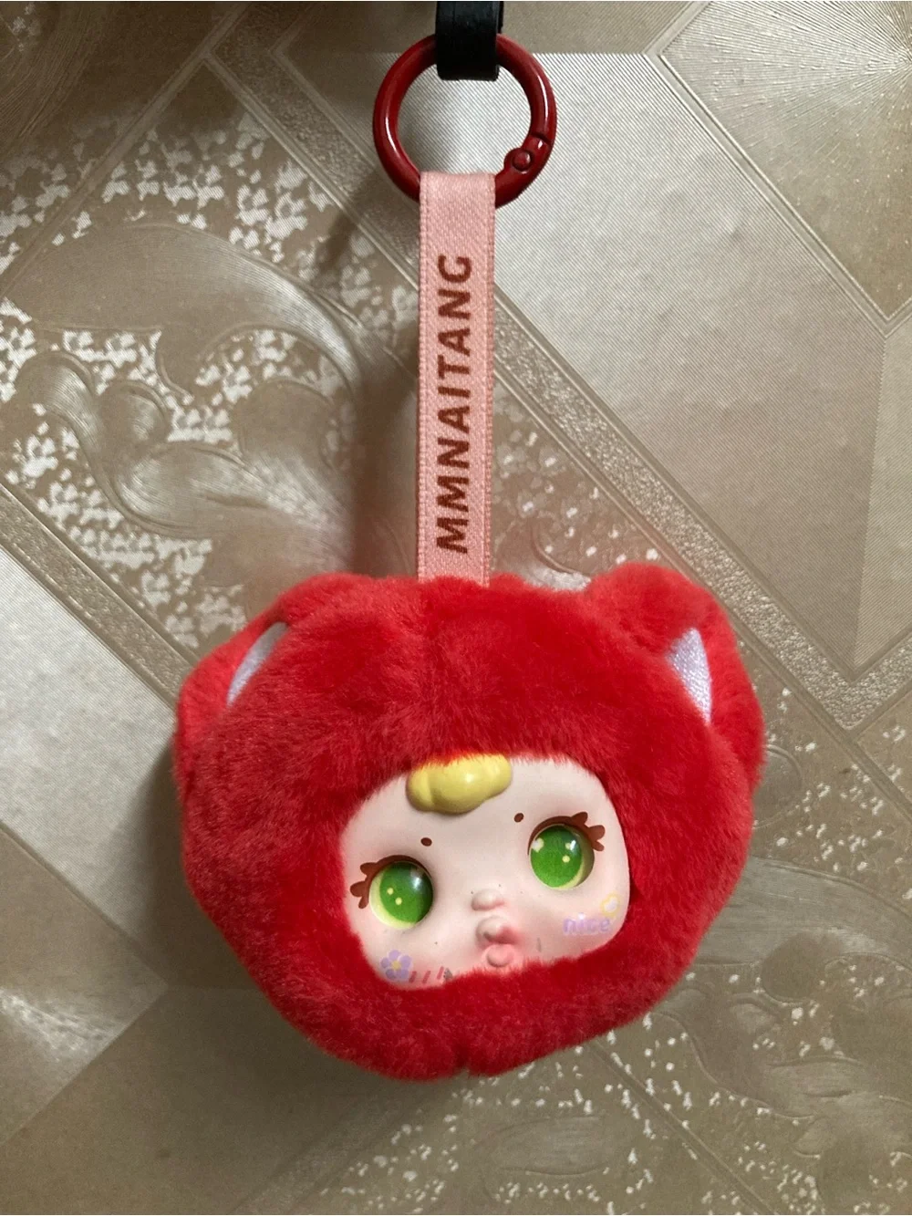 Red Plush Small Pet Toy Keychain with Green-Eyed Face